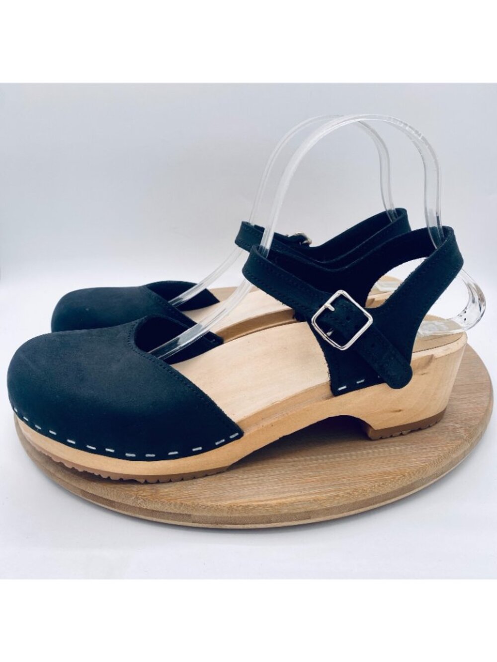 Sandgrens Swedish Wooden Clogs Womens 9 40 Black Leather Mary Jane Handmade - Picture 6 of 12